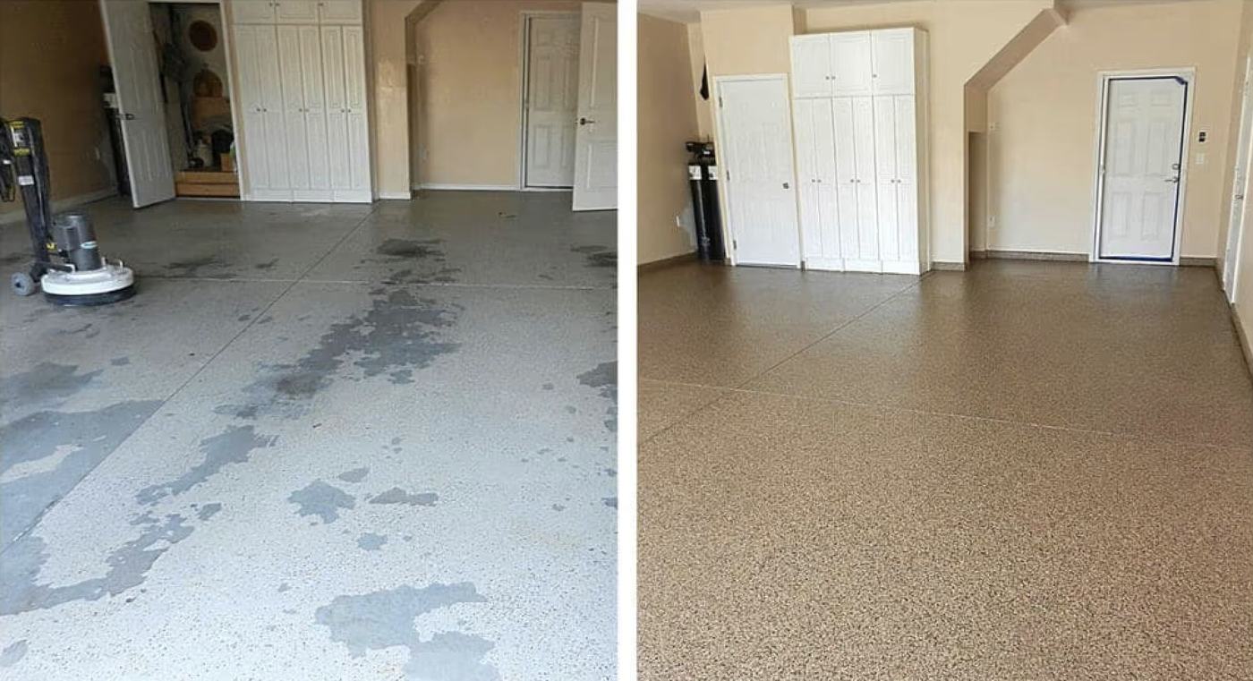 Before and after of a stained garage slab transformed with a flake coating
